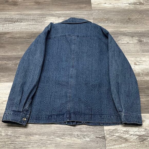 Vintage 90s Chicos Design Floral Blue Womens 2 Stretch Snap Front Denim Jacket - Picture 3 of 8